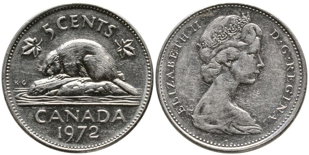 Канада 5 центов 1972 бобр, Елизавета II (1952-) KM 60.1 никель 4543-632