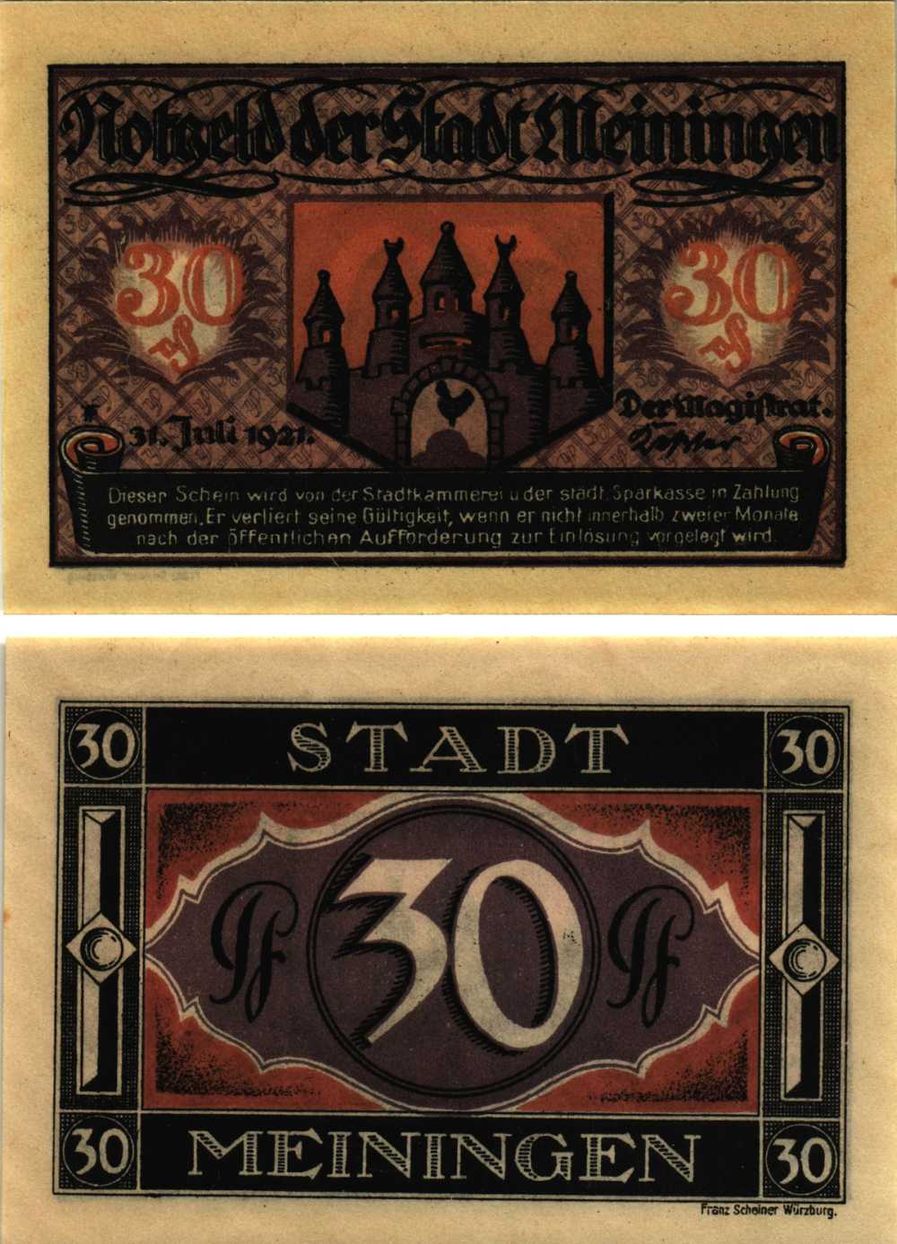 МАЙНИНГЕМ 30 ПФЕННИГОВ 1921 НОТГЕЛЬД, 31 ИЮЛЯ 1921, ЗЕМЛЯ ТЮРИНГИЯ Grabowski 877.4 бумага 8608-13-3-1