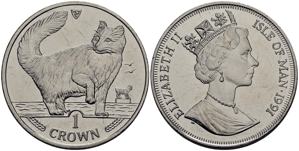 Остров Мэн 1 крона 1991 норвежская кошка КМ 293 медно-никель UNC M80-14