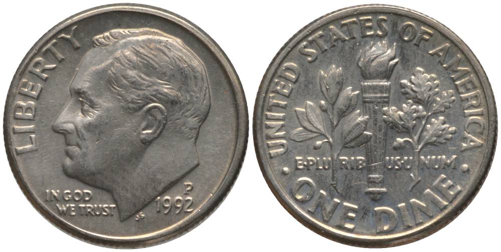 США 10 ЦЕНТОВ = 1 ДАЙМ 1992 P, РУЗВЕЛЬТ KM 195а медь плакированная медно-никелем 4396-469