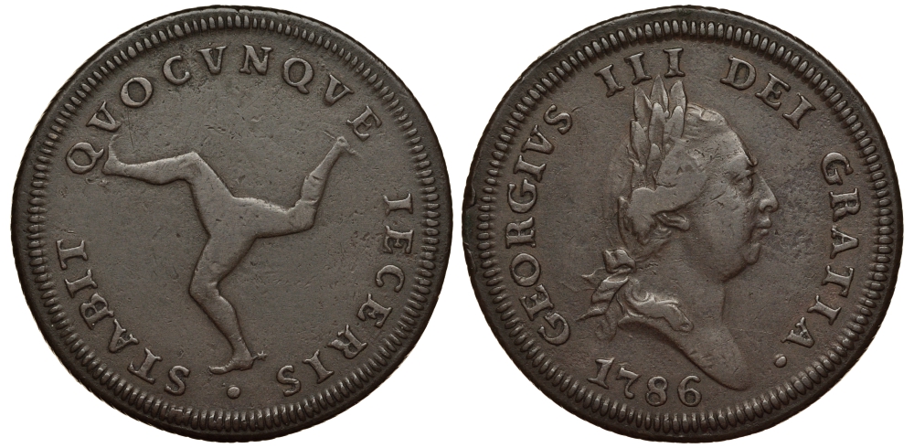 Остров Мэн 1 пенс 1786 Георг III (1760-1820) KM 9.1 медь 650-624
