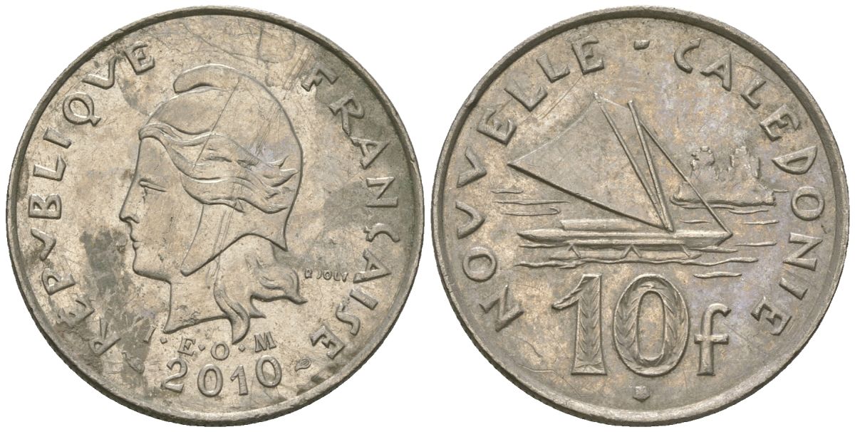 Французская Новая Каледония 10 франков 2010 рыбачья парусная лодка, (IEOM) KM 11a, Schoen 13a, Lec 99k медно-никель 3459-223