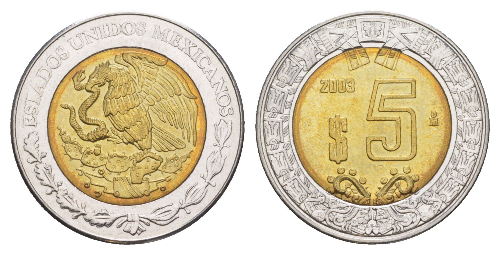 Мексика 5 песо 2003 Mo KM 605 биметалл UNC 4637-653