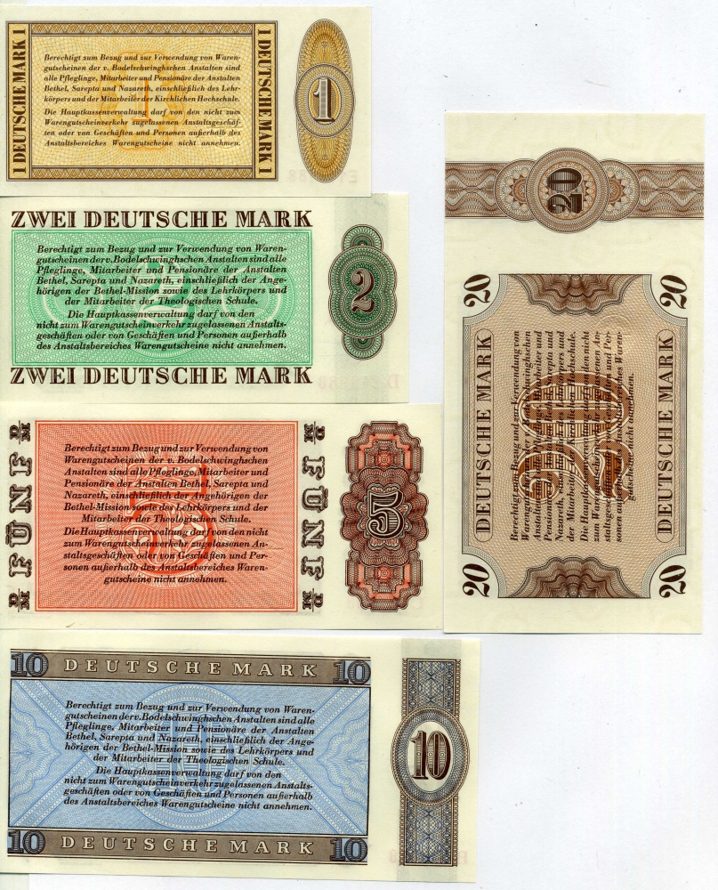 ФРГ, Bethel, Билефельд набор из 5 бон (1, 2, 5, 10, 20 марок) 1958-1973 ваучер на получение товаров и услуг в магазине для людей с ограниченными физическими возможностями и нуждающихся в постоянном уходе бумага UNC (пресс) 450-114-1