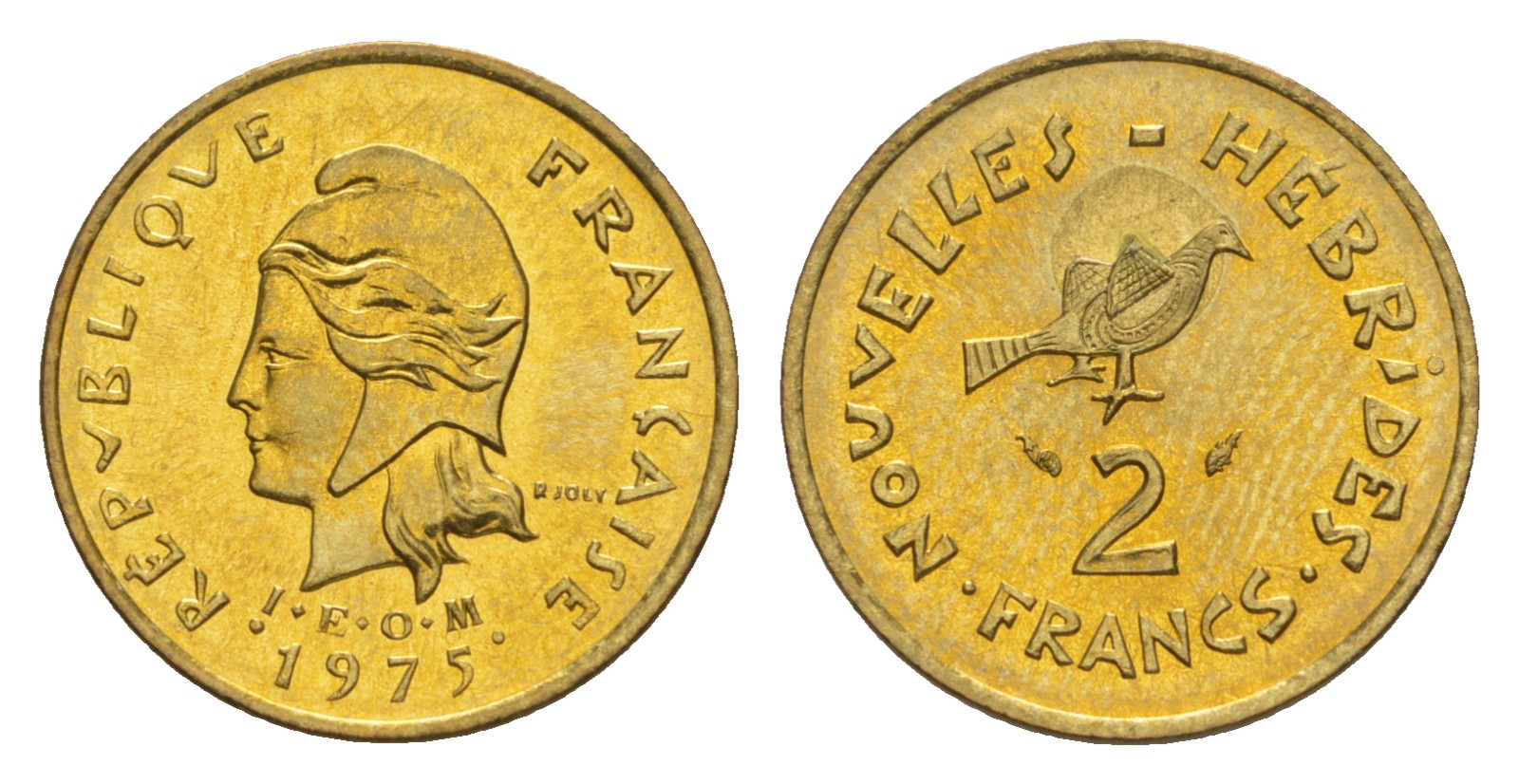 Французские Новые Гебриды 2 франка 1975 заморские территории KM 5.2 никель-латунь  aUNC  4640-847