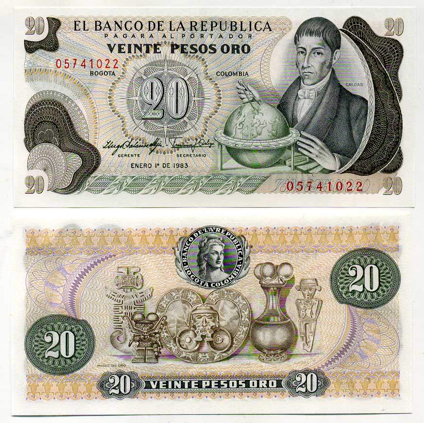 Колумбия 20 песо 1983 Франсиско Хосе де Кальдас, музей золота Pick 409d бумага UNC (пресс) 447-66-2-1
