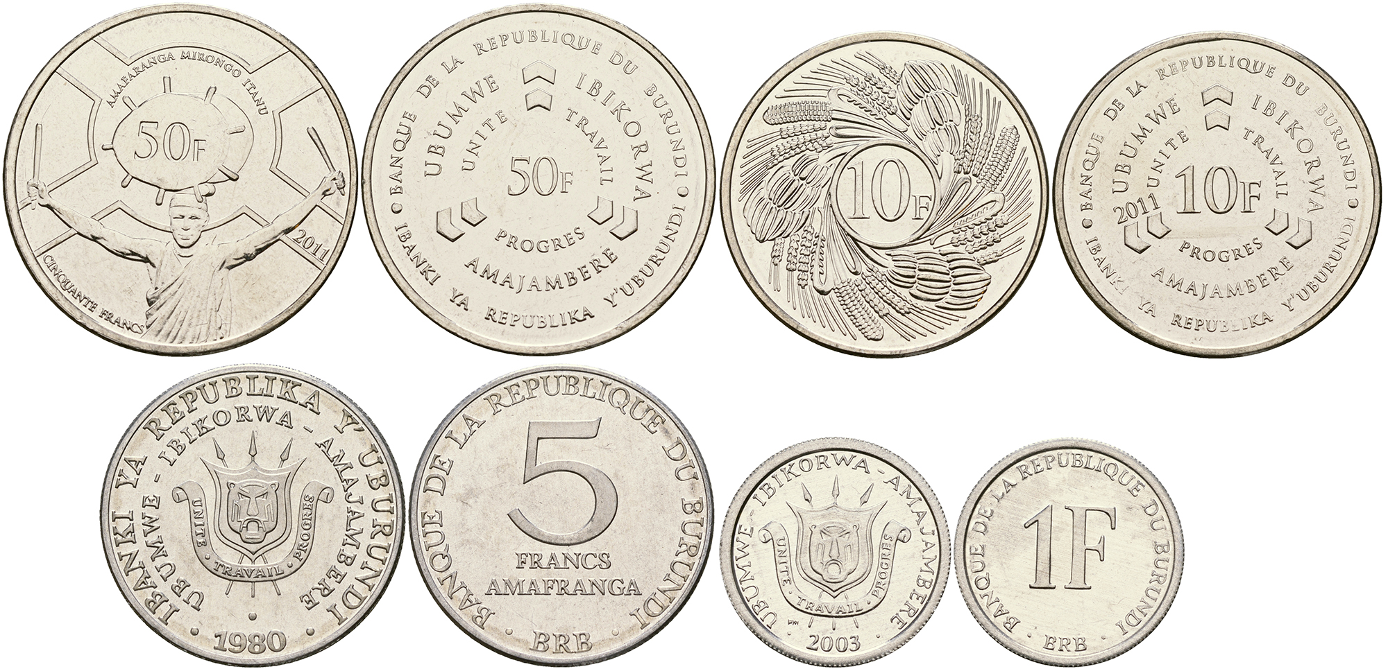 Бурунди 1, 5, 10 и 50 франков 1980-2011 UNC Бурунди 1, 5, 10 и 50 франков 1980 - 2011 UNC M75-07