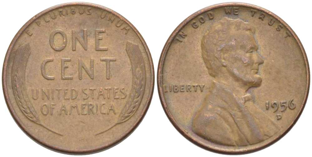 США 1 ЦЕНТ 1956 D, ЛИНКОЛЬН KM А132 медь цинк 218-311