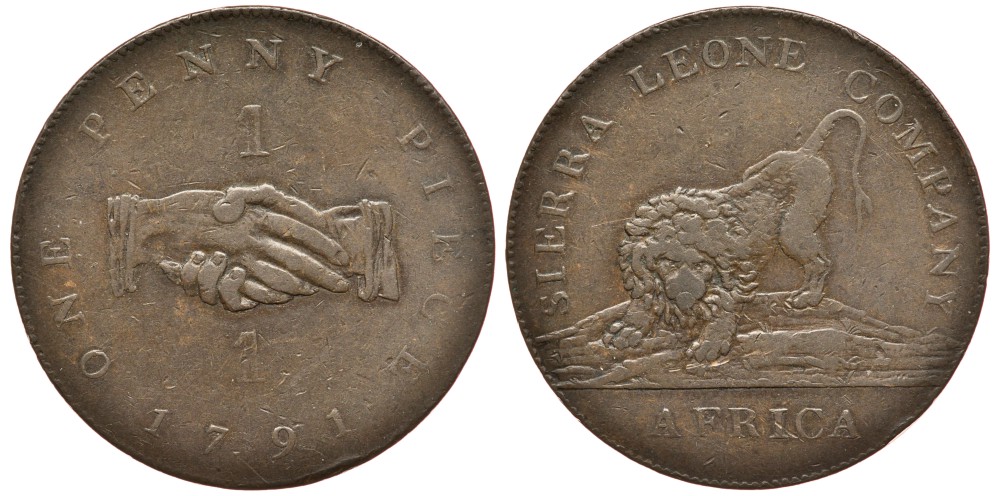 Сьерра-Леоне 1 пенни 1791 рукопожатие, лев KM 2.1 медь 00-815-03