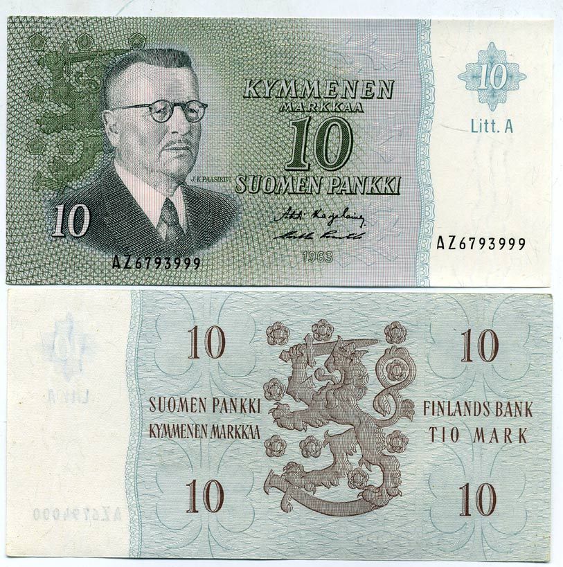 Финляндия 10 марок 1963 Юхо Кусти Паасикиви (1870-1956) Pick 104 а бумага UNC (пресс) 451-84-1