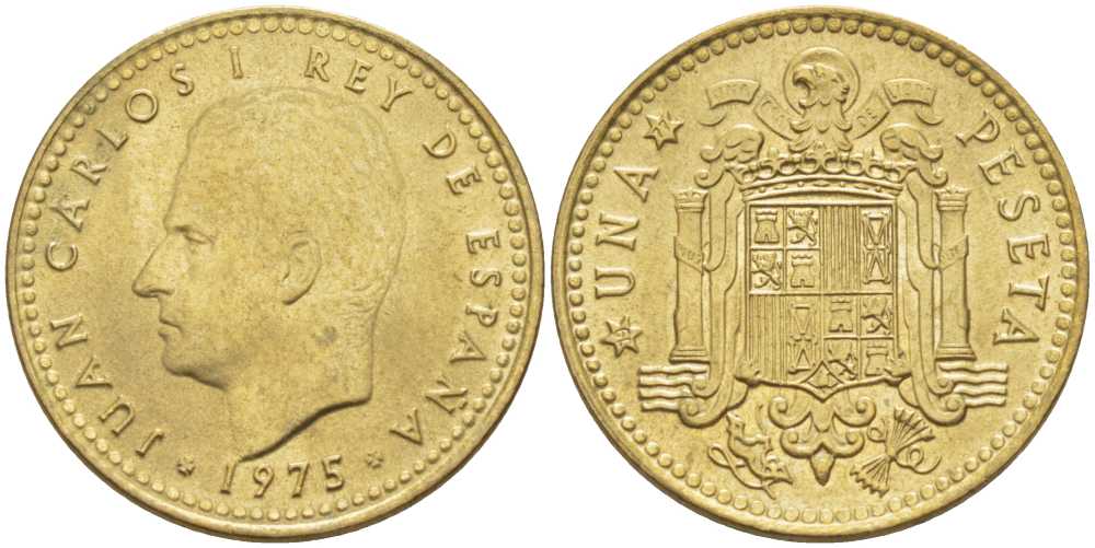 ИСПАНИЯ 1 ПЕСЕТА 1975 (77) ХУАН КАРЛОС I (1975-) KM 806 алюминиевая бронза 213-136