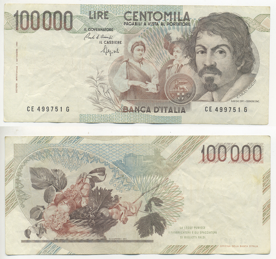 Италия 100000 лир 1983 Караваджо, фруктовый букет, подпись Speziali Pick 110b бумага 7220-11-3