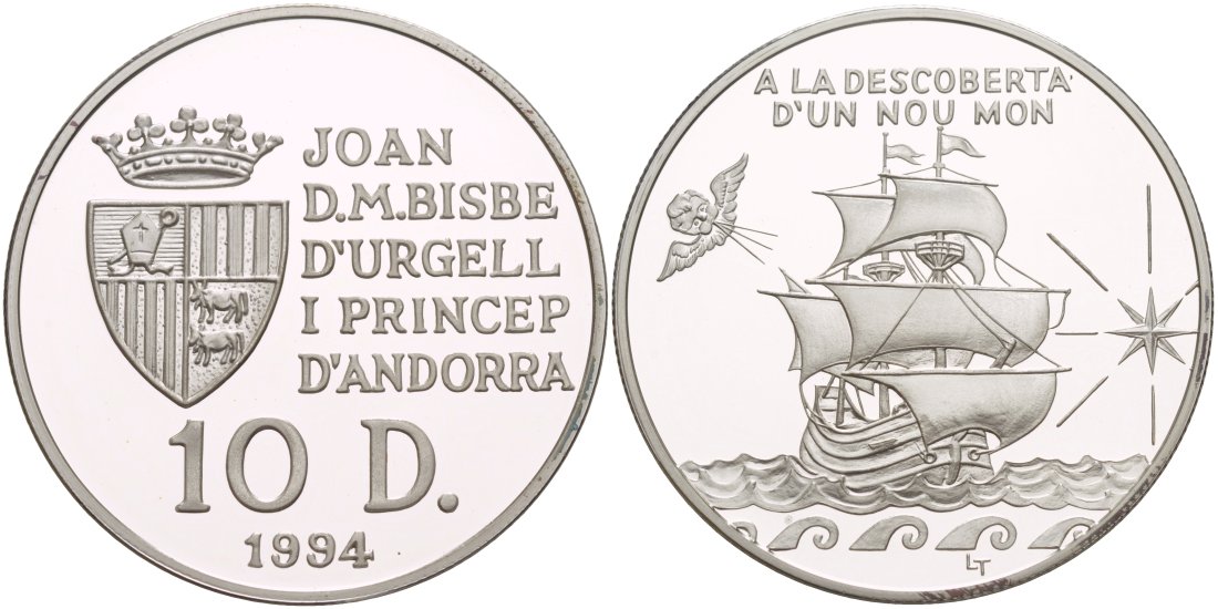 Андорра 10 динеров 1994 открытие нового света, парусник KM 98 серебро PROOF 1081-7-32