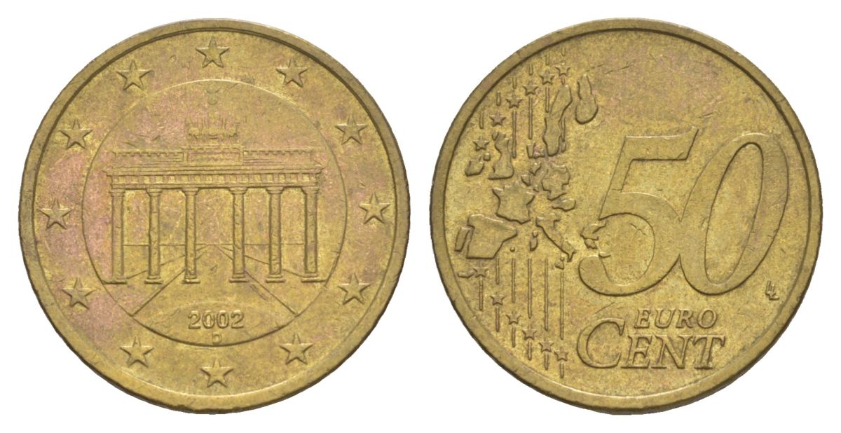 Германия 50 евроцентов 2002 D, Бранденбургские ворота KM 212 нордик 4629-555