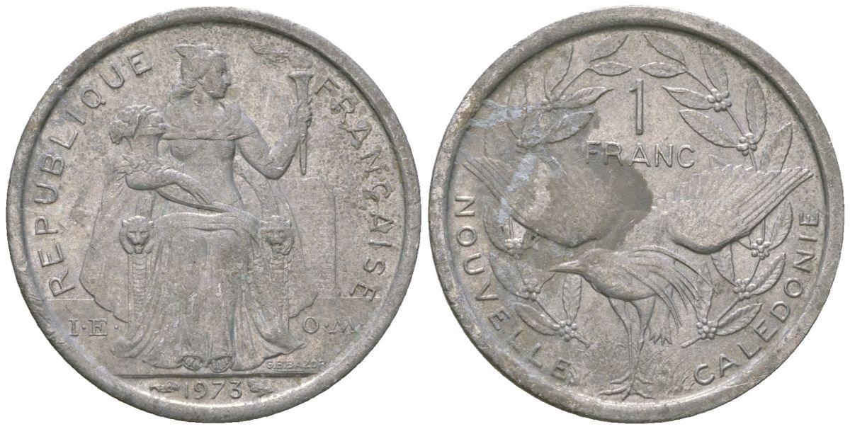 Французская Новая Каледония 1 франк 1973 птица кагу, (IEOM) KM 10, Schoen 10, Lec 39 алюминий    51-752