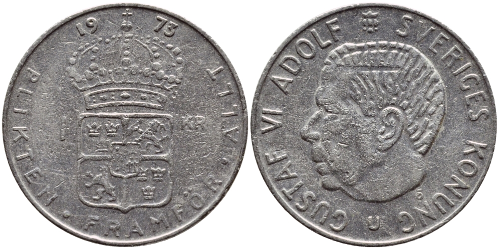 Швеция 1 крона 1973 Густав VI Адольф (1950-1973) KM 826а медь плакированная медно-никелем 4395-1141