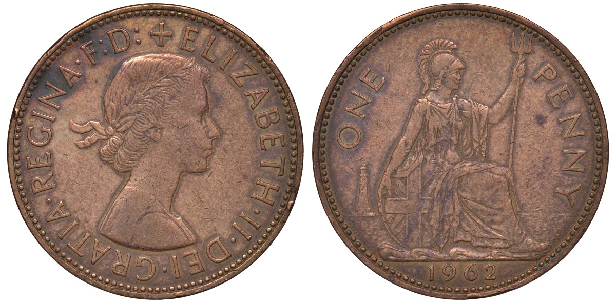 Великобритания 1 пенни 1962 Елизавета II (1952-2022) KM 897, Spink 4157 бронза 4131-446