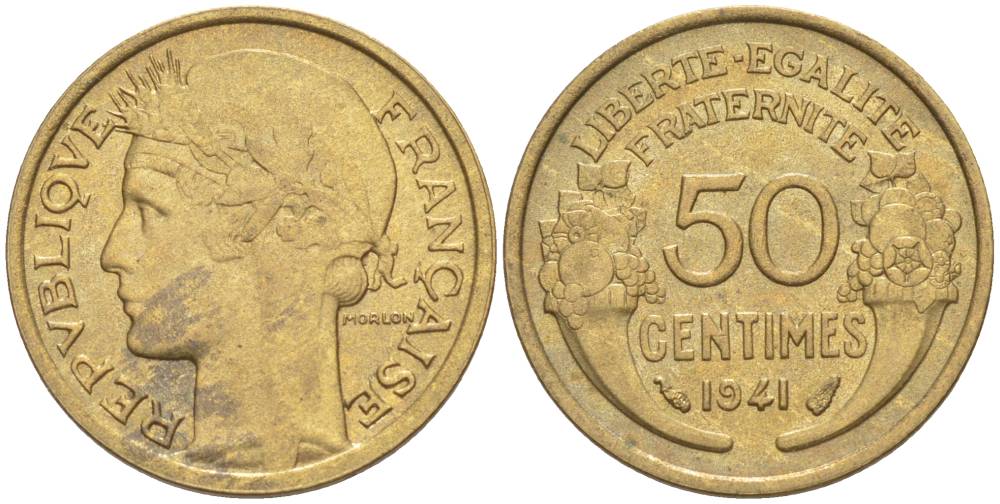 ФРАНЦИЯ 50 САНТИМОВ 1941 ТИП MORLON KM 894.1, LE FRANC 192.18 алюминиевая бронза 44-523