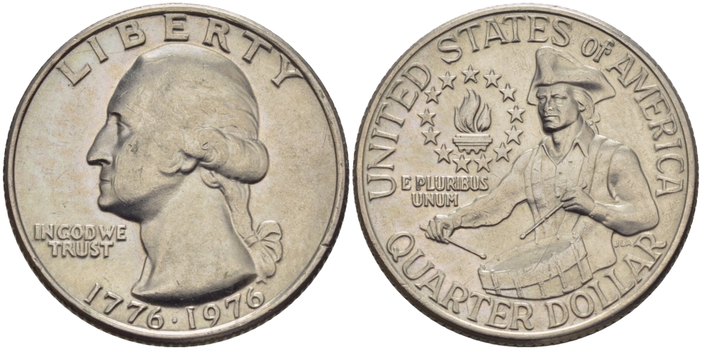 США 25 центов = квотер 1976 200 лет независимости (1776-1976), Вашингтон, барабанщик KM 204 медь плакированная медно-никелем 67-747