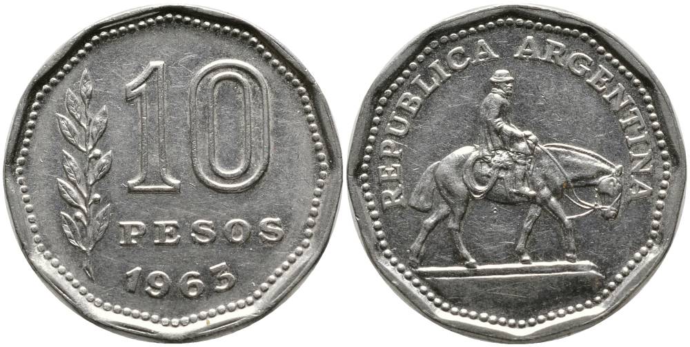 Аргентина 10 песо 1963 Гаучо KM 60 никелированная сталь 4525-943