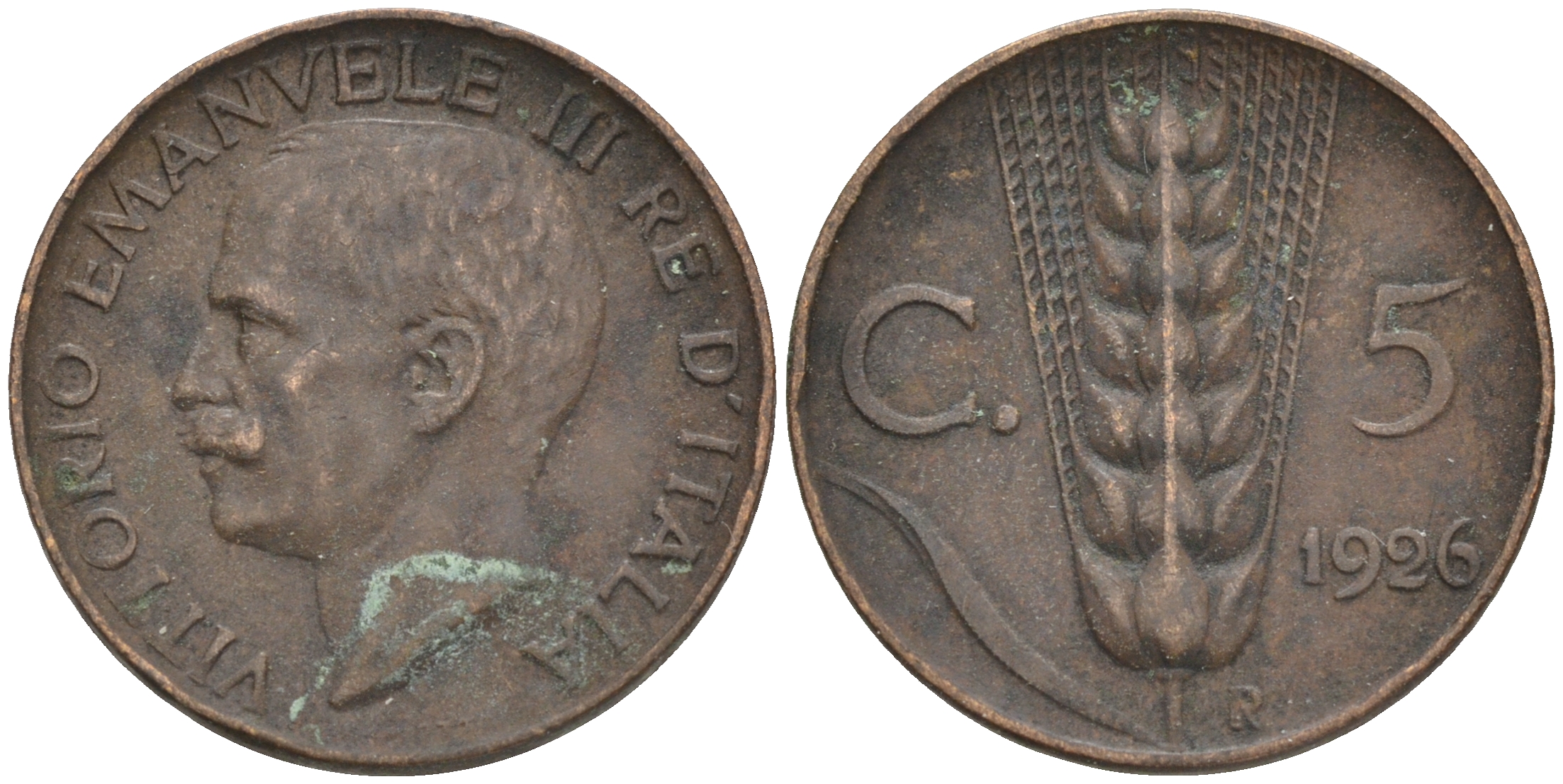 ИТАЛИЯ 5 ЧЕНТЕЗИМО 1926 КОЛОСЬЯ KM 59 медь 4556-247