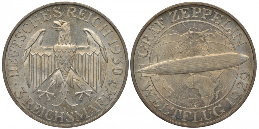 Германия 3 марки 1930 G, полет дирижабля граф Цеппелин J. 342, KM 67 серебро UNC 00-814-59