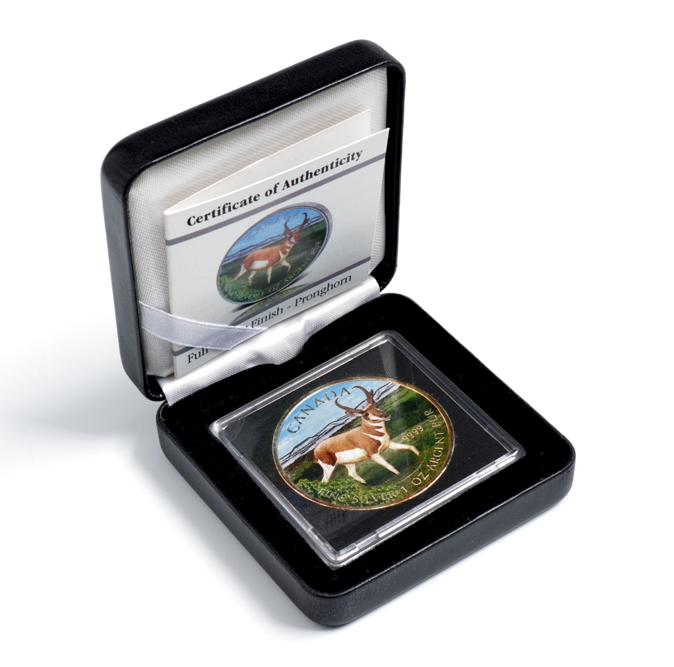 Канада 5 долларов 2013 серия Животный мир Канады, антилопа, в оригинальной коробке с сертификатом тираж 5000 экз., цветная эмаль серебро UNC 5-5-1-10