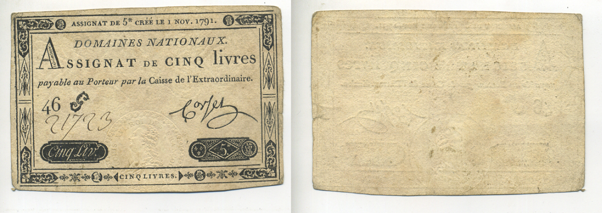 ФРАНЦИЯ 5 ЛИВРОВ 1791 1.11.1791 Pick А50 бумага 7552-25-1