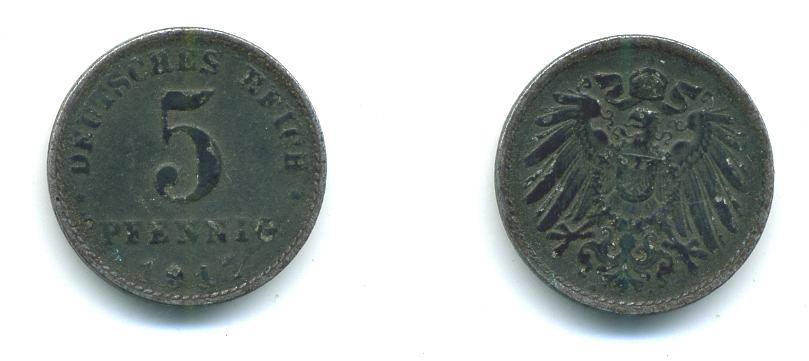 ГЕРМАНИЯ 5 ПФЕННИГОВ 1917 А KM 19, J. 297 железо 4383-413