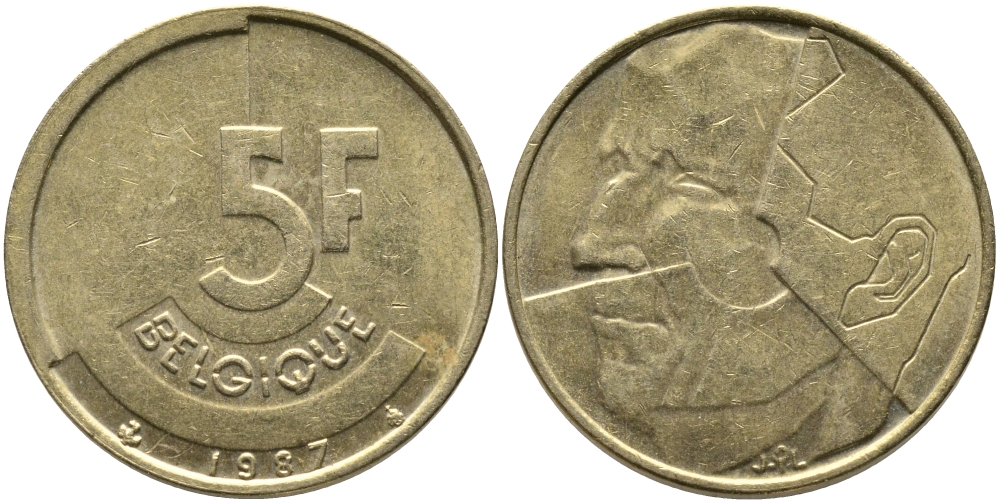 БЕЛЬГИЯ 5 ФРАНКОВ 1987 BELGIQUE KM 163 латунь или алюминиевая бронза 65-1151