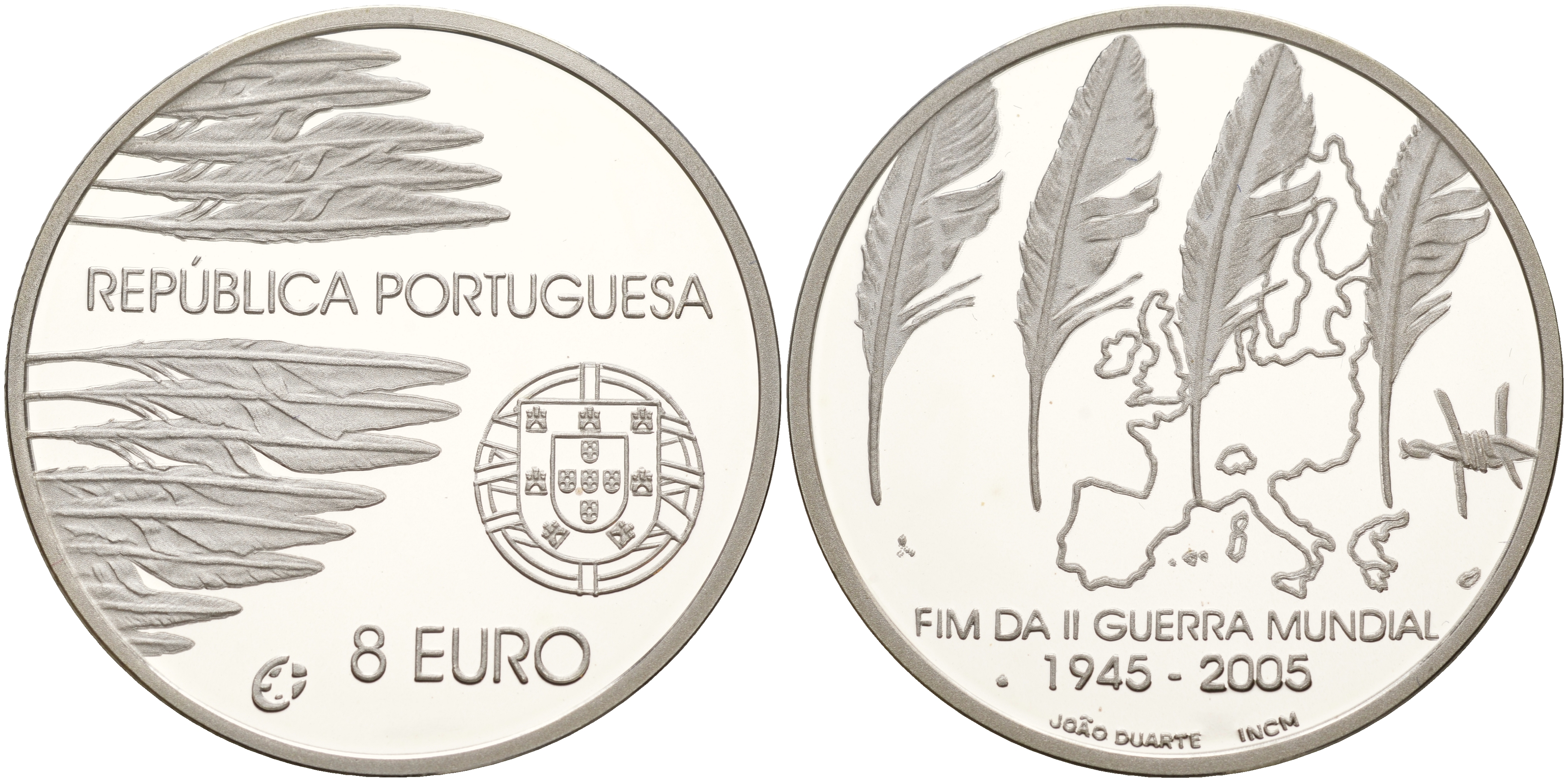 Португалия 8 евро 2005 60 лет окончания 2-ой мировой войне KM 773а серебро PROOF 11-077-12