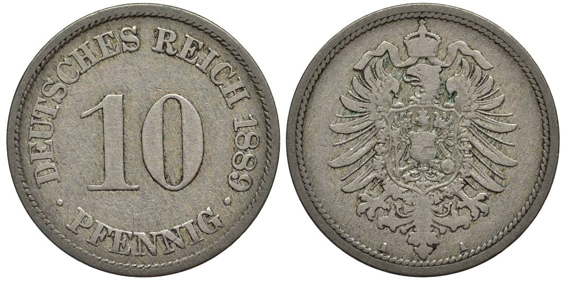 ГЕРМАНИЯ 10 ПФЕННИГОВ 1889 A, СТАРОГЕРБОВКА KM 4, Jager 4, Weege 7 медно-никель 4543-617