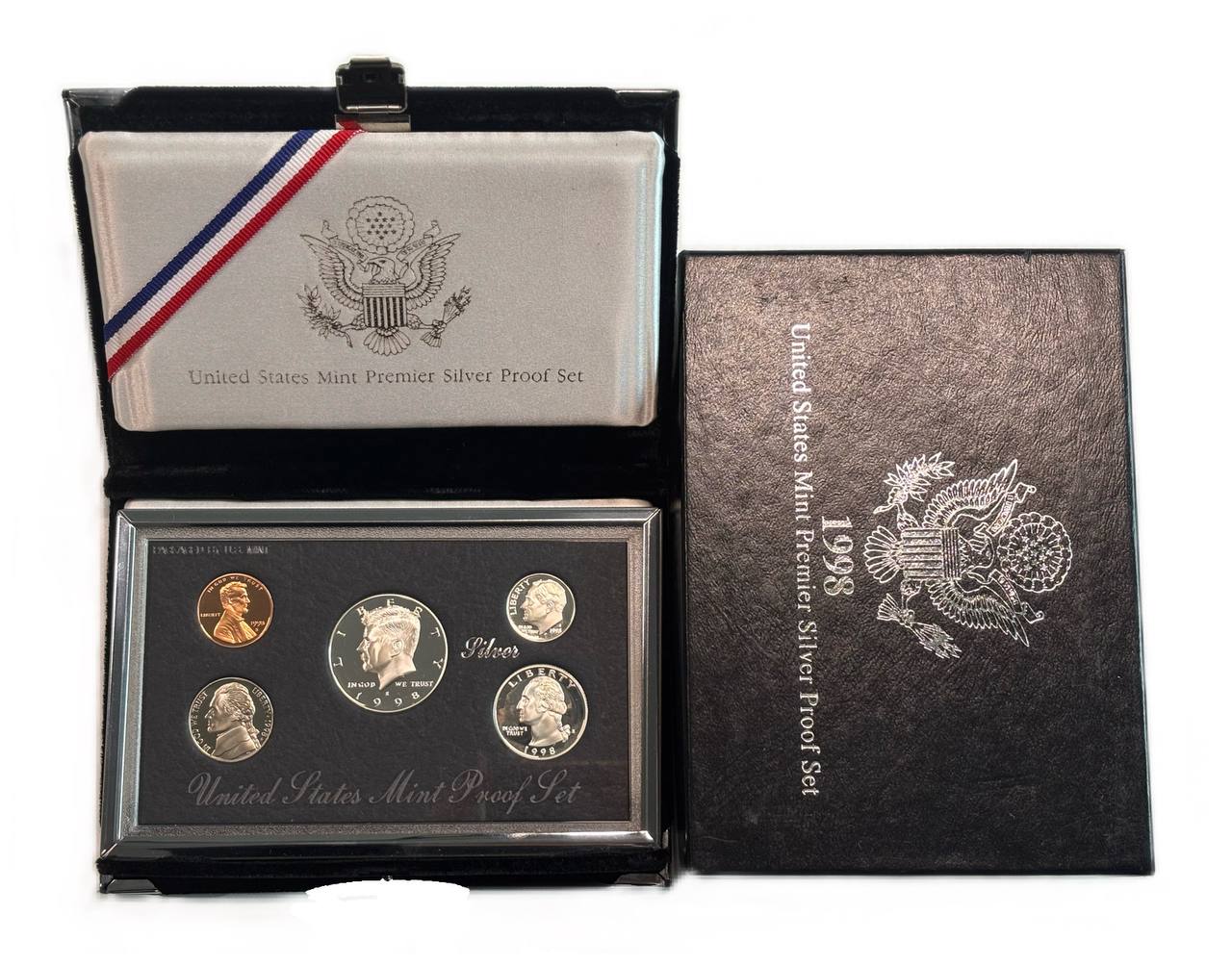 США официальный набор из 5 монет, в престижной упаковке 1998 S, Джон Кеннеди, в твердом пластике, Premier Silver Proof Set KM PS 195 серебро  PROOF  14-01-02-17