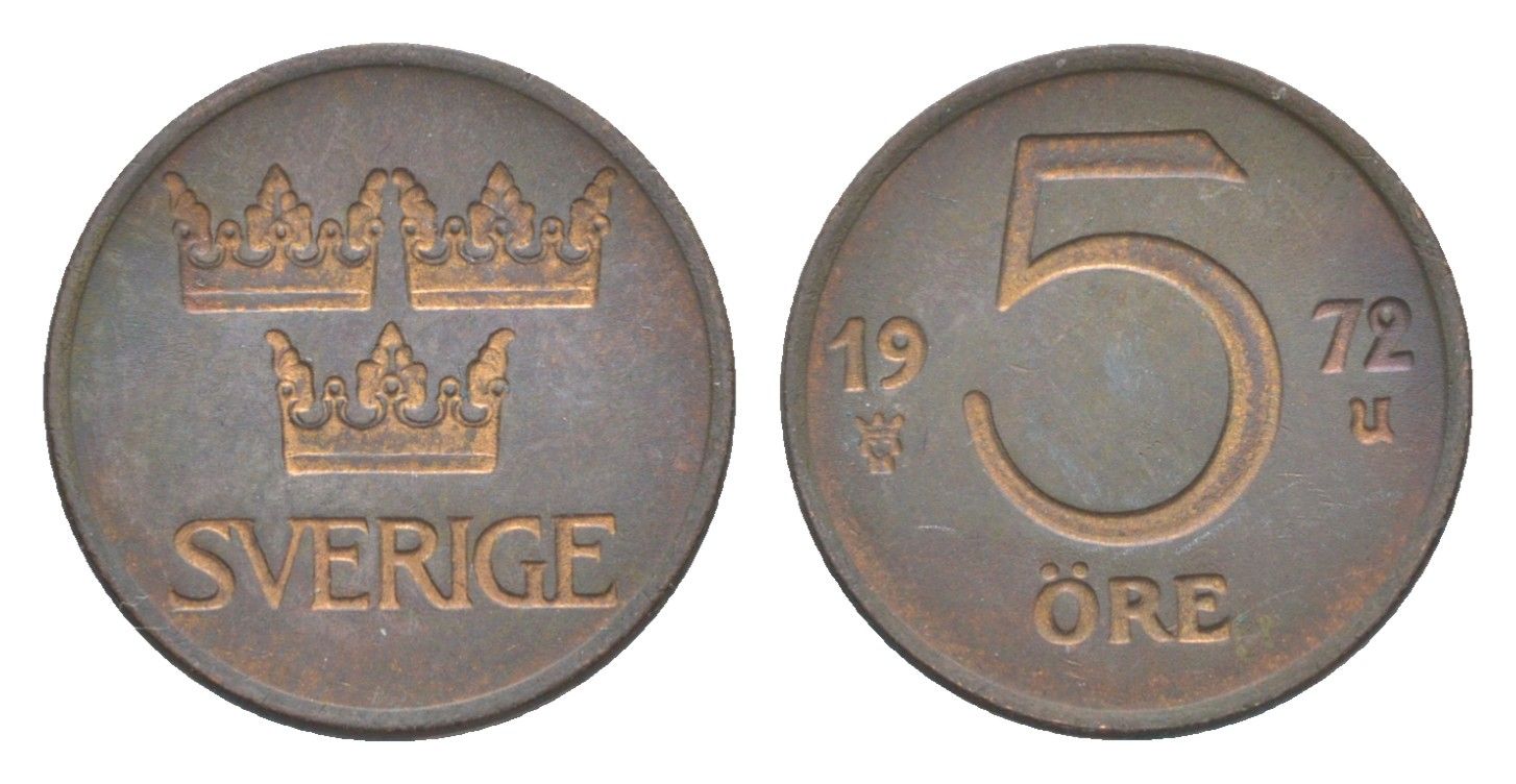 Швеция 5 эре 1972 U, Густав VI Адольф (1950-1973) KM 845 бронза 4643-362