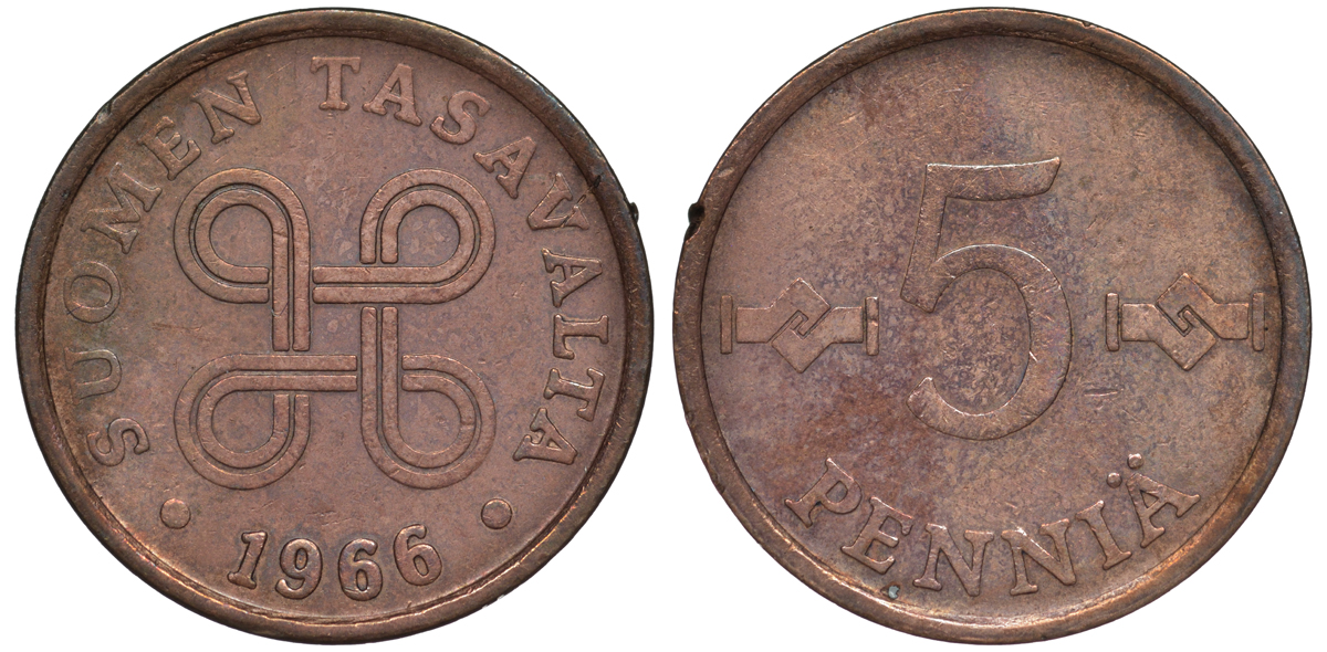 ФИНЛЯНДИЯ 5 ПЕННИ 1966 KM 45 медь 3334-1048