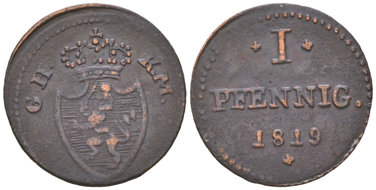 Гессен-Дармштадт 1 пфенниг 1819 G H K M, Людвиг I (1816-1830) KM 283 медь 4615-315