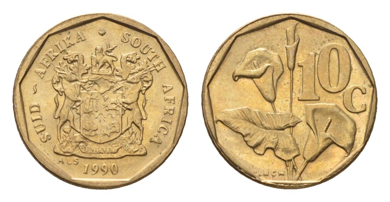 ЮАР 10 центов 1990 герб, цветок алоэ KM 135 сталь плакированная бронзой UNC 4694-636