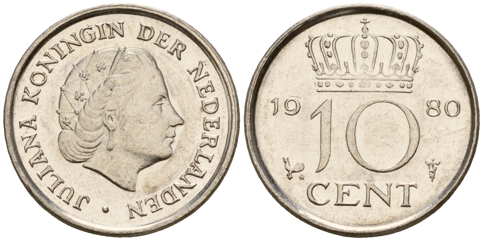 Нидерланды 10 центов 1980 Юлиана (1949-1980) KM 182 никель    4598-344