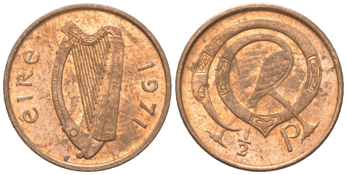 Ирландия 1/2 пенни 1971 птица KM 19 бронза UNC 4611-429