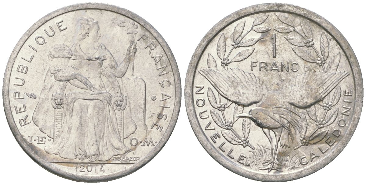 Французская Новая Каледония 1 франк 2014 птица кагу, (IEOM) KM 10, Schoen 10 алюминий 33-357