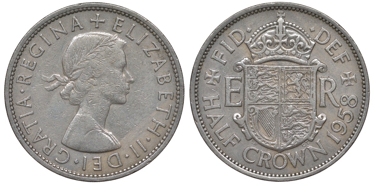 Великобритания 1/2 кроны 1958 Елизавета II (1952-2022) KM 907, Spink 4145 медно-никель 4131-633