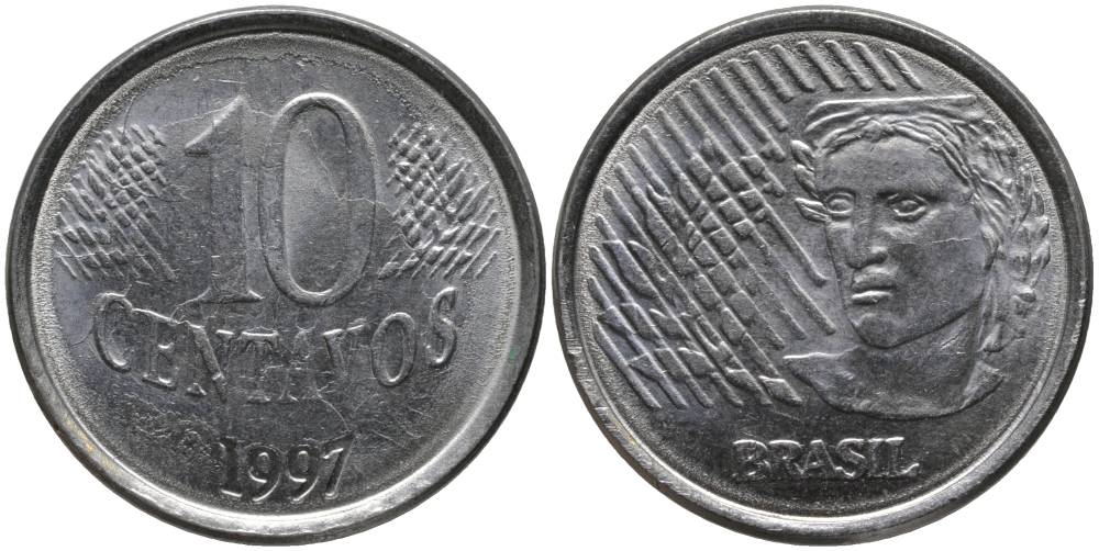 Бразилия 10 сентаво 1997 голова свободы KM 633 нержавеющая сталь UNC 181-256