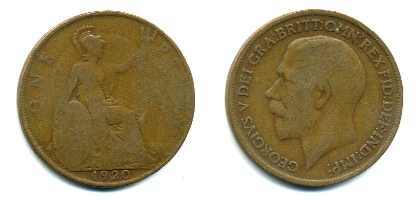 Великобритания 1 пенни 1920 Георг V (1910-1936) KM 810, Spink 4051 бронза 41-333