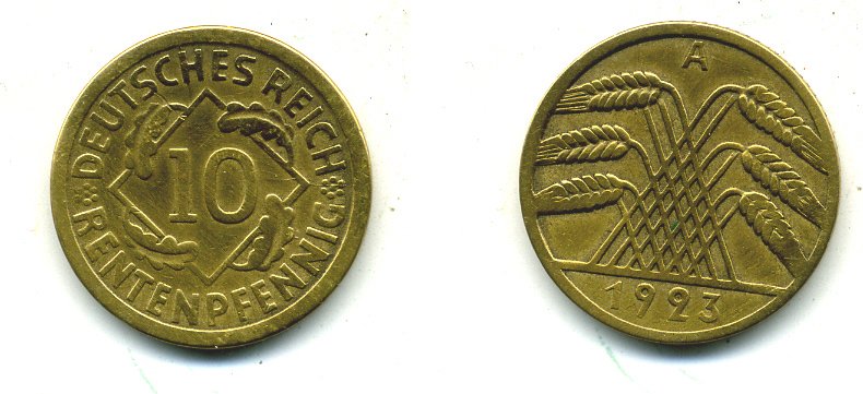 ГЕРМАНИЯ 10 РЕНТЕНПФЕННИГОВ 1923 A, KM 33, J. 309 алюминиевая бронза 23-813
