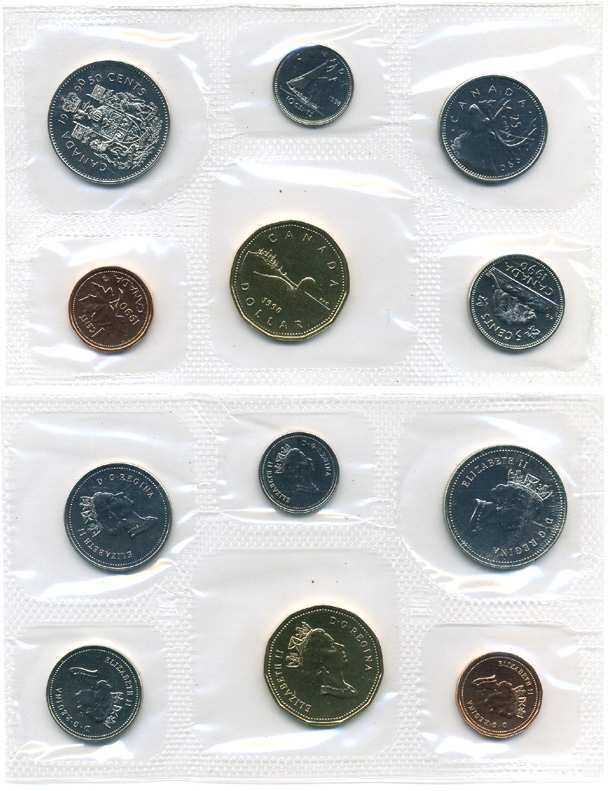 Канада официальный годовой набор из 6 монет 1990 запайка в целлофан, сертификат, конверт PROOFLIKE 5-4-3-63