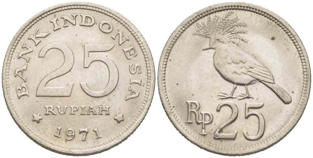 Индонезия 25 рупий 1971 венценосный голубь KM 34 медно-никель 217-553