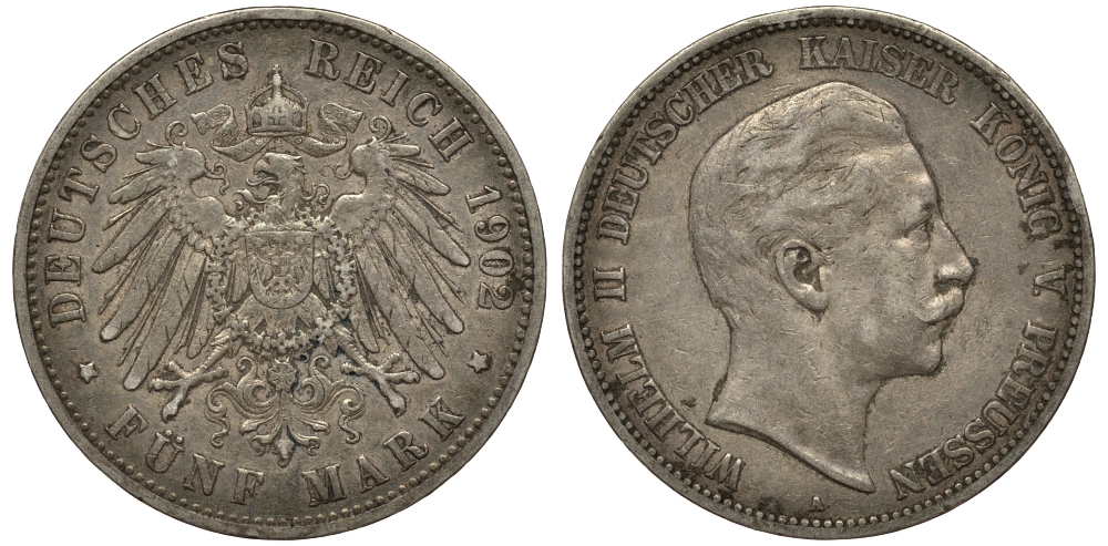 Пруссия 5 марок 1902 Вильгельм II (1888-1918) KM 523, J.104 серебро    413-5023