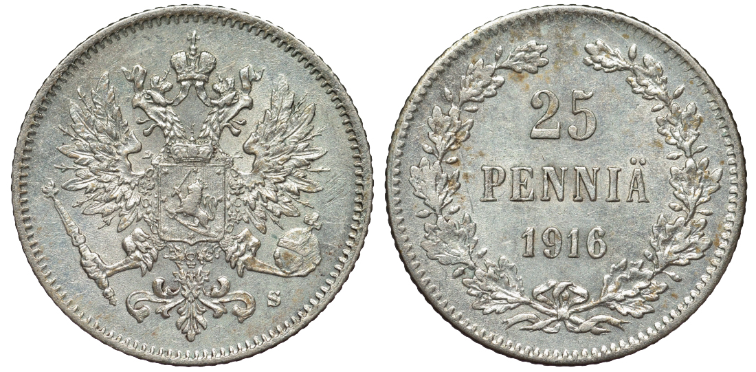 Россия для Финляндии 25 пенни 1916 S, Николай II (1894-1917) KM 6.2, Биткин 421 серебро 75-1339