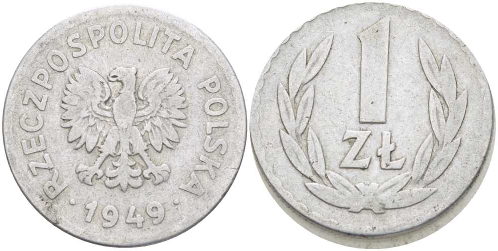 ПОЛЬША 1 ЗЛОТЫЙ 1949 KM 45a алюминий 212-853