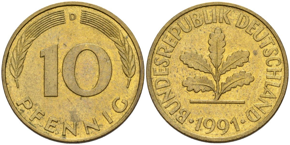 ФРГ 10 пфеннигов 1991 D KM 108, J. 383 сталь плакированная латунью 4175-1135